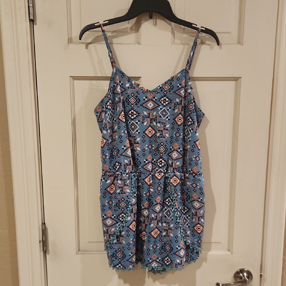 Xhilaration Blue Aztec-Print Shorts Romper Jr Sz L